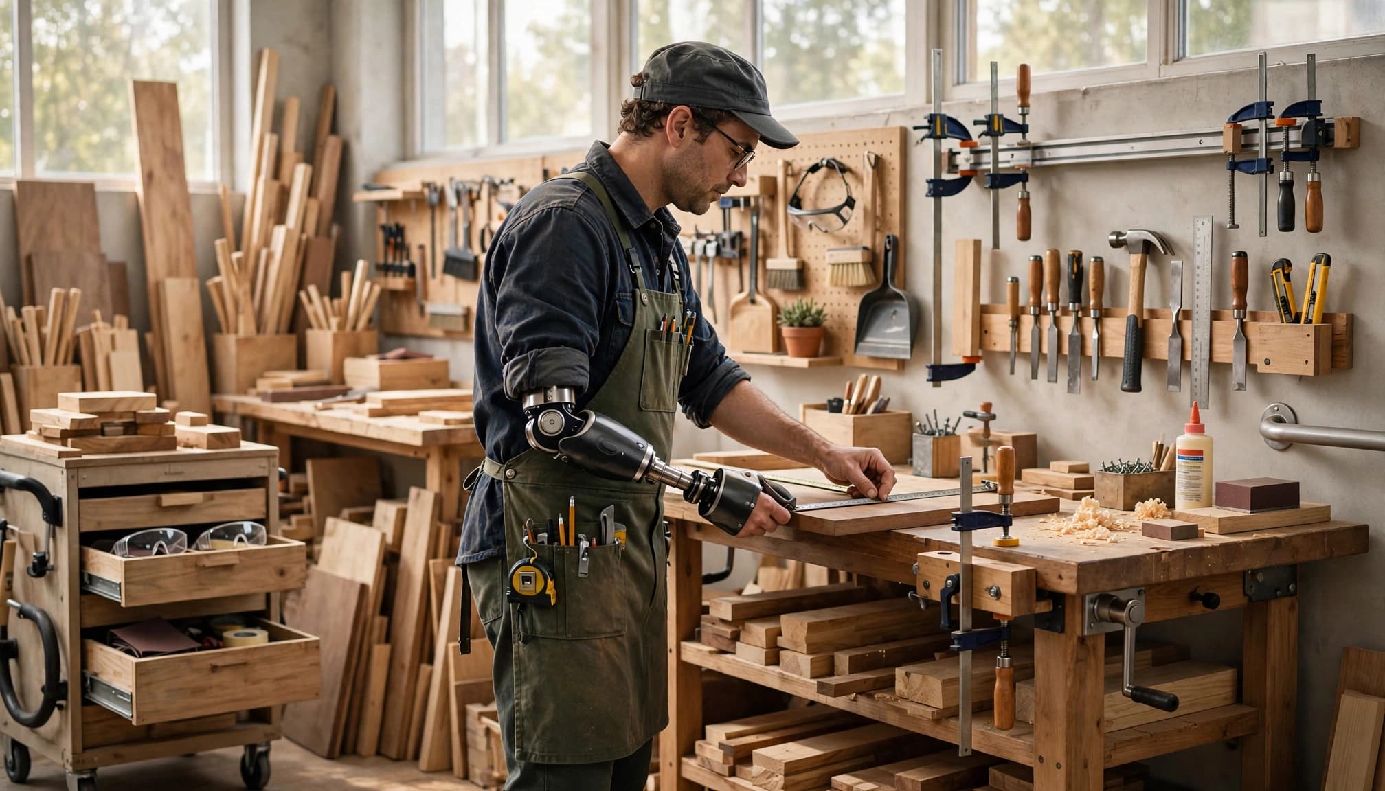 A carpenter with a prosthetic arm works at a wooden workbench in a well-equipped shop.