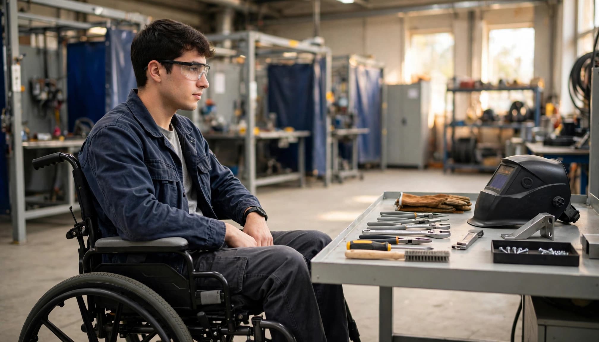 An apprentice inspects tools arranged on an accessible workbench in a bright workshop.