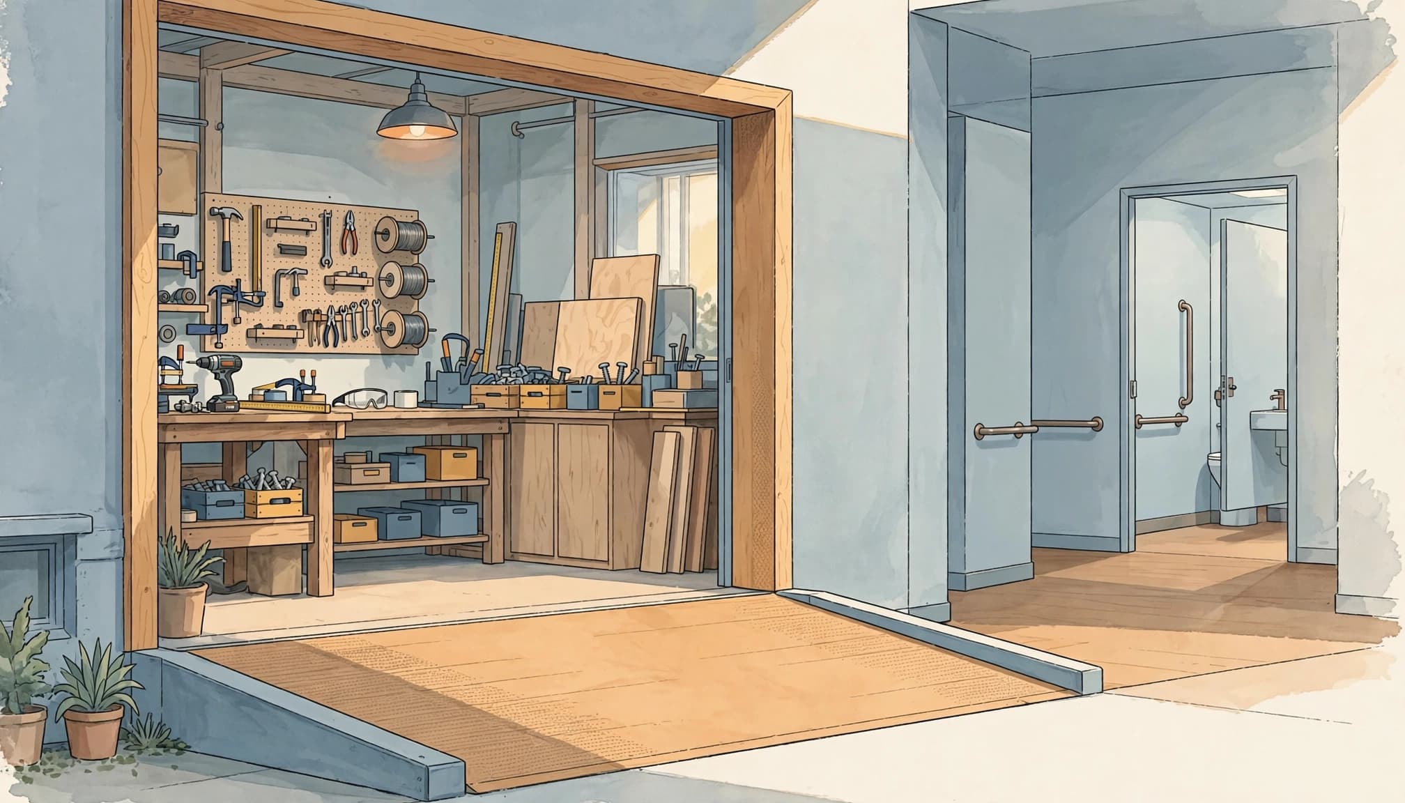 An illustration of an accessible workshop entrance with a ramp and a restroom corridor.